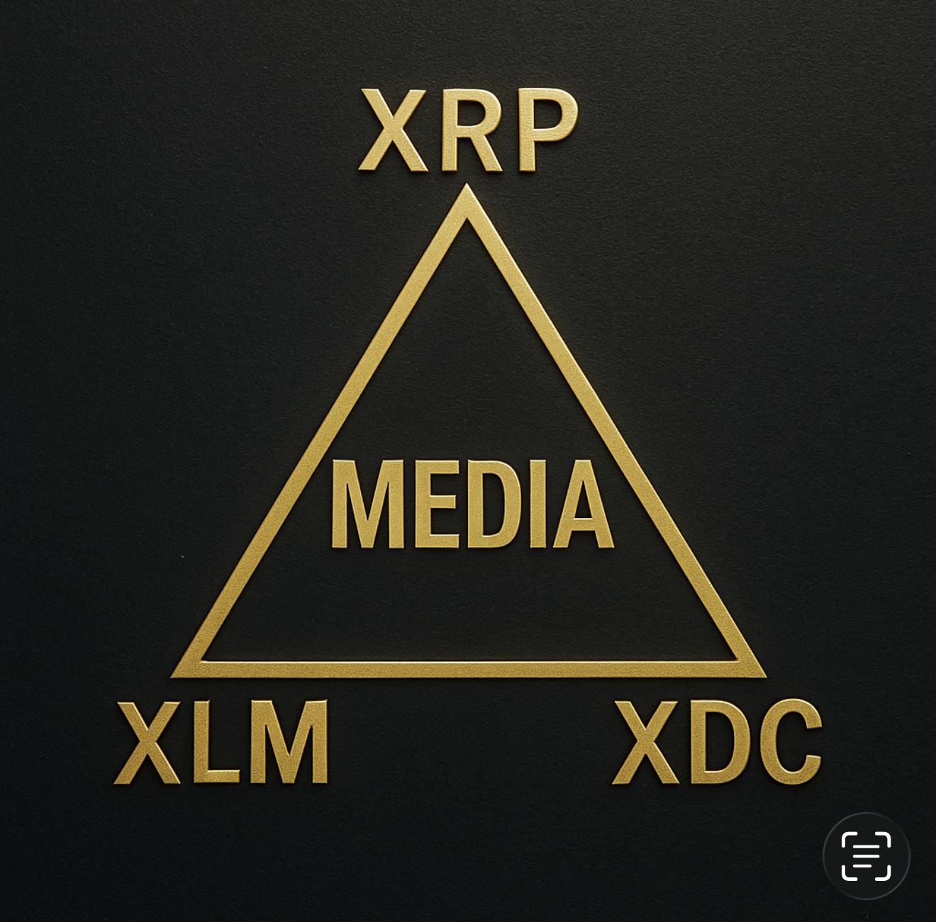 Gold triangular XRP Banking logo featuring XRP, XLM, and XTC with Media centered