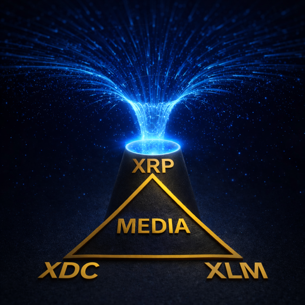A transparent blue black hole opens into a gold triangle representing the token economy, with XRP at the top, XDC at the bottom left, XLM at the bottom right, and Media at the center.